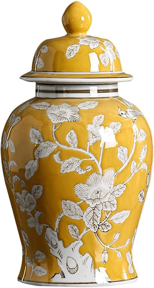 MRYBD Yellow Ceramic Ginger Jar With Lid, Hand Painted Floral Pattern Decorative Vase For Home, Office, Table, Living Room (13in)