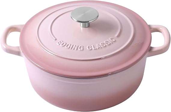 EDGING CASTING Enameled Cast Iron Covered Dutch Oven with Lid Round Pot for Bread Baking, 7 Quart, Pink