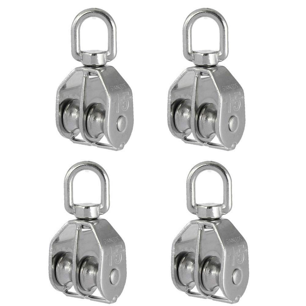 Rocaris 4 Pack Stainless Steel Wire Rope Crane Double Pulley Block M15 Lifting Crane Swivel Hook Single Pulley Block Hanging Wire Towing Wheel