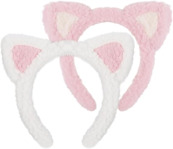 Huachi 2 Packs Plush Cat Ears Headband Cat Spa Headbands Halloween Makeup