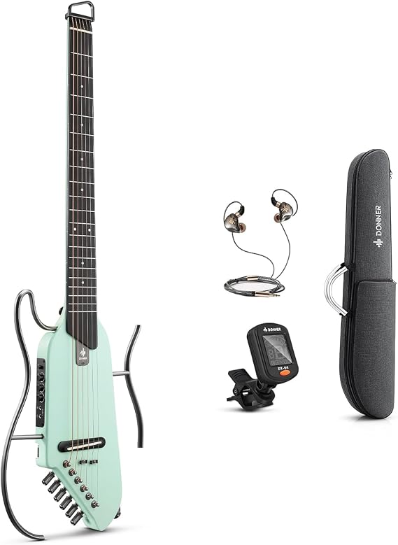 Donner HUSH-I Guitar For Travel, Portable Ultra-Light and Quiet Performance Headless Acoustic-Electric Guitar, Maple Body with Removable Frames, Gig Bag, and Accessories,Mint Green