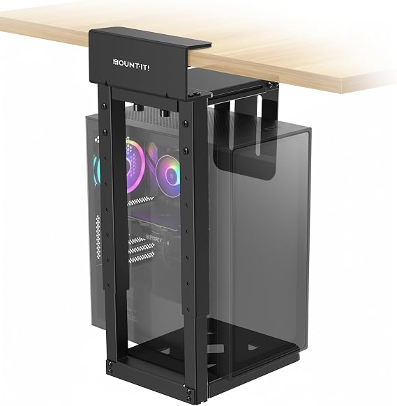 Mount-It! Under Desk PC Mount for Standing Desk, Heavy-Duty Clamp-On CPU Holder, Adjustable Computer Tower Mount for Desk, No-Drill, 66 lb Capacity, Fits Mid & Full Towers