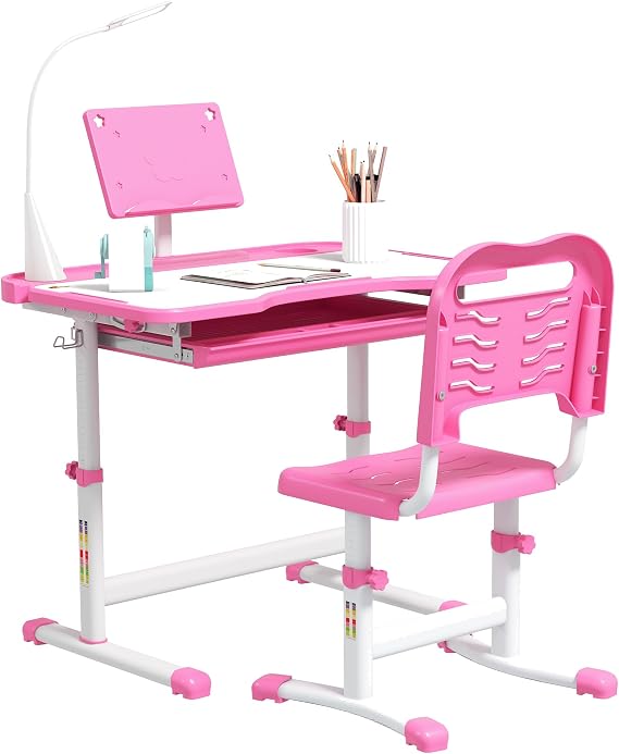 Qaba Kids Desk and Chair Set Height Adjustable Tilt Desktop Pink and White