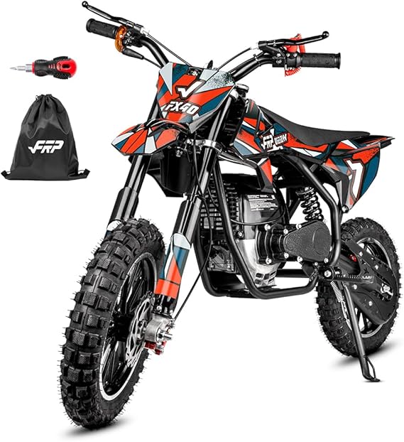 FRP FX40 40CC Gas Dirt Bike for Kids 8-12, 4-Stroke Off-Road Mini Motorcycle, 20 MPH Max Speed, Easy Pull Start, No Oil Mixing Engine, Dual Disc Brakes, 132 LBS Rider Capacity,Red