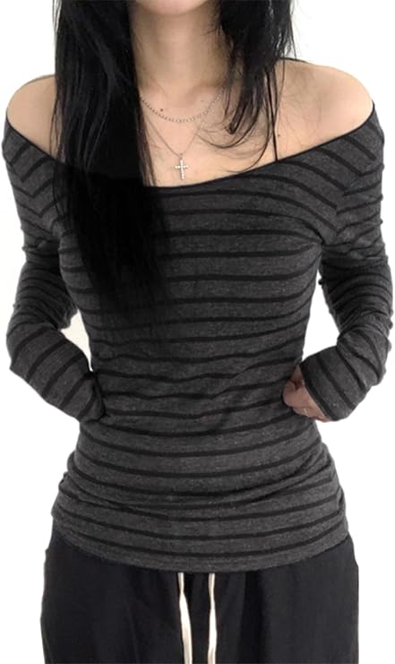 Felcia Womens Y2K Gothic Casual T-Shirt Slim Fit Vintage Aesthetic Striped Print Long Sleeve Off Shoulder Tops for Fall Streetwear