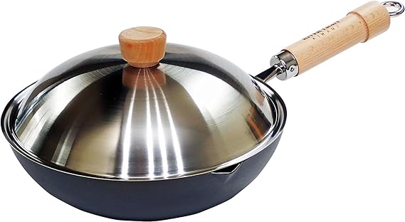 River Light Kiwami JAPAN Iron Frying Pan Deep Type Stir-fry Pan Set with Lid 11.0 inches 28 cm Nitrided Iron Nitriding Treatment IH Compatible Rust Resistant Chinese Wok Made in Japan JS1428