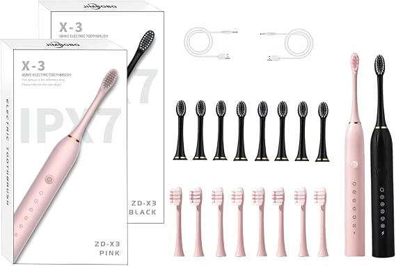 JIMBOBO 2 Pack Electric Toothbrush with 16 Brush Heads, IPX7 Waterproof, 6 Cleaning Modes, 42000vpm Whitening Soft Bristles USB Rechargeable Sonic Toothbrush for Adults (Pink+Black)