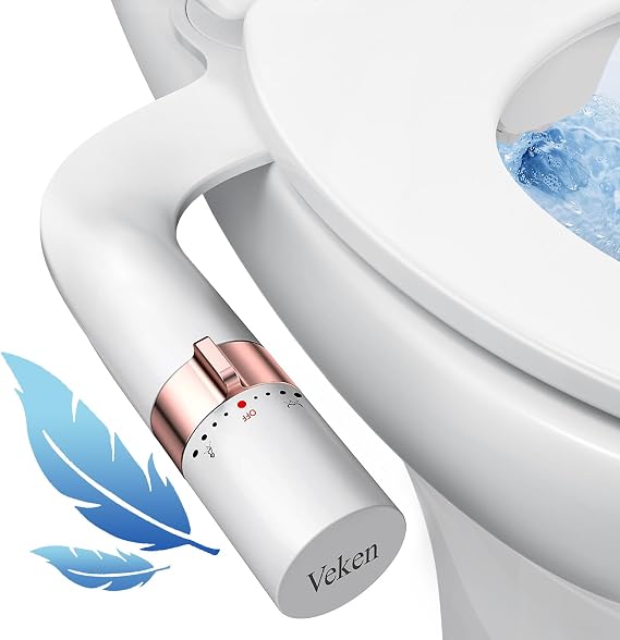 Veken Ultra-Slim Bidet, Non-Electric Dual Nozzle (Posterior/Feminine Wash) Fresh Water Sprayer Bidet for Toilet, Adjustable Water Pressure Toilet Seat Attachment with Brass Inlet (Rose Gold and White)