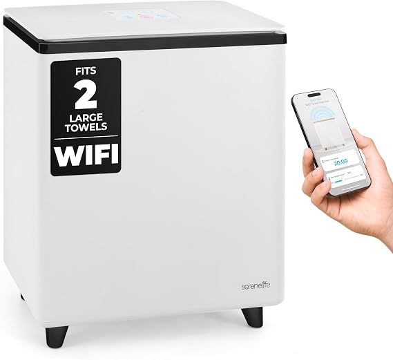 SereneLife WIFI Luxury Rectangle Towel Warmer - Spa & Bathroom Towel Heater with Custom Fragrance, Auto Shut-Off, Fits 2 large Towels, Blankets, Bathrobes, PJ's - Perfect Gift for Him & Her (Black)