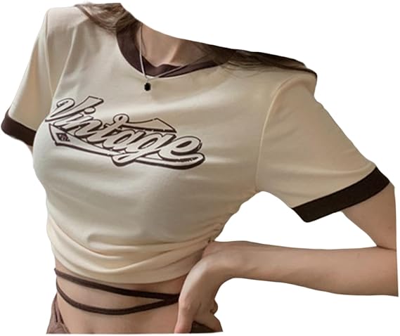 T-shirt, Top, Short Sleeve Shirt, Short T-shirt, Summer Clothes, Pullover, Summer Tops, Round Neck, English Pattern, Belly Button, Slim Fit, Slimming, Sexy, Casual, Individuality, Fashion,
