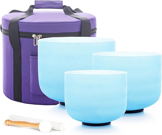 Hye-eun 3 x 432 Hz Blue Crystal Singing Bowls 8 Inches A 10 Inches F 12