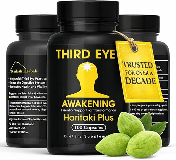 Third Eye Awakening Organic Haritaki Capsules King of Herbs for Pineal Gland Decalcification, Third Eye Activation & Intuition Trusted by Millions of Yogis 650mg 100 Vegan Capsules.