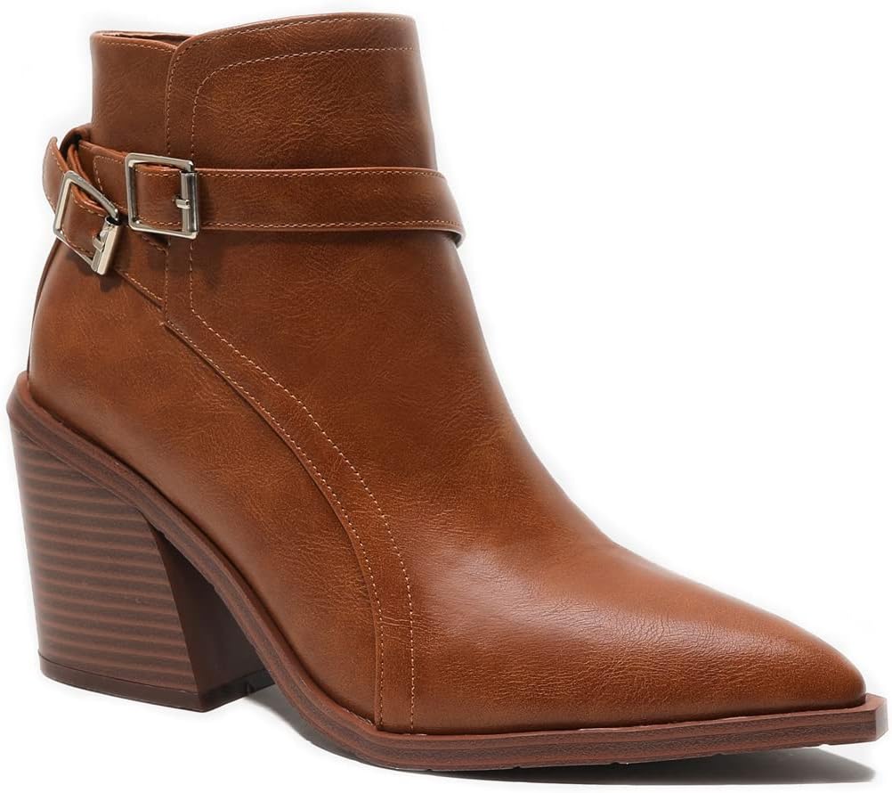 KUUTGG Womens Pointed Toe Western Chelsea Ankle Boots Buckle Zip Stacked Chunky High Heel Dressy Short Booties