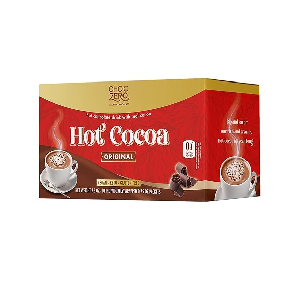 ChocZero Sugar Free Hot Chocolate Mix, Dark Chocolate, 10 Packets | No Sugar Alcohols, Keto, Low Carb, High Fiber, Gluten Free, Vegan & Dairy Free, 50 Calories