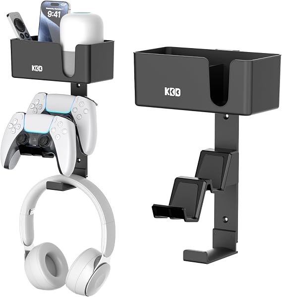 KDD 4-in-1 Wall Mount Controller Holder - Dual Game Controller and Headphone Hanger with Anti-Slip Pads for Xbox ONE/X Series/PS5/PS4 - Detachable Desk Storage for Media Remote, Phone and Speaker