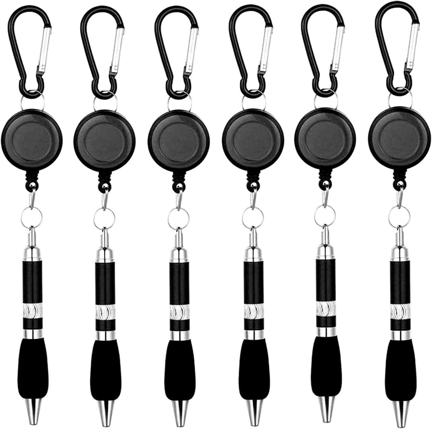 SevenMye 6 Pack Clip On Pens Carabiner Pens Retractable Badge Reel Pen Belt Clip and Carabiner Keychain Ballpoint Pen, Black