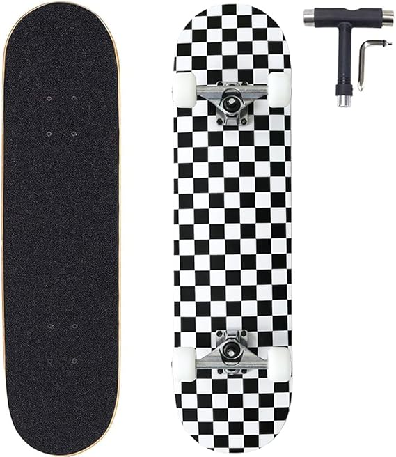 ANNEE 31x8 Inch Pro Skateboard Complete,7 Layer Canadian Maple Wood Double Kick Concave Skate Boards, Tricks Skateboards for Youths,Beginners,Girls,Boys,Kids,Teens,Adults (Black, White)
