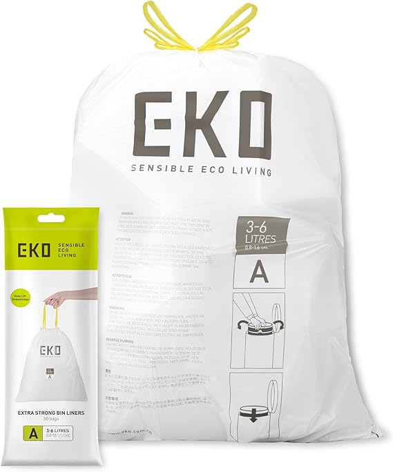 EKO Drawstring Bin Bags, Kitchen Bin Liners, 3-6 Litre, 30 Count, Code A