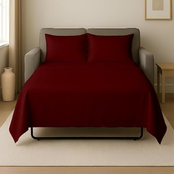 Cottingon 4 PC's Sleeper Sofa Twin Sheets, 100% Microfiber, Burgundy