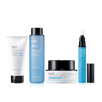belif Aqua Bomb Hydrating Prep Full Routine - Aqua Bomb Jelly Cleanser, Hydrating Toner Set with Hyaluronic Acid and Niacinamide, Lightweight moisturizer, Cool & Depuff Eye Gel with Caffeine