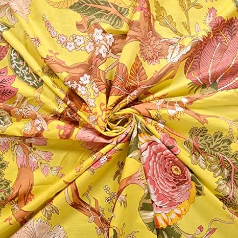 Yuvancrafts Indian Hand Block Multi Floral Print Cotton Fabric Dressmaking Materials Running Fabric by The 10 Yard (5 Yard, Yellow)