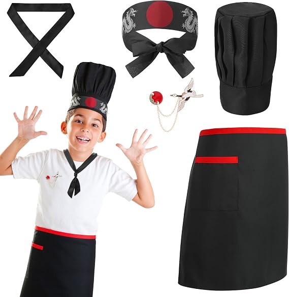 Hibachi Chef Hat and Apron Costume Set, Professional Complete Japanese Teppanyaki Costume with Tall Chef Hat