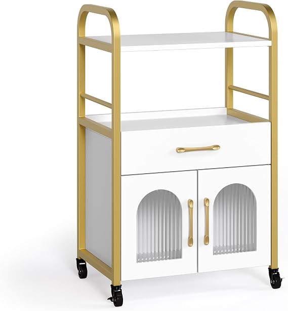 OmySalon Salon Trolley Cart, Esthetician Cart with Drawer & Tray, Hair Styling Station, Lockable Wheels Mobile Storage Cabinet for Beauty Spa Massage Esthetic, White Gold