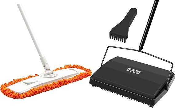 JEHONN Carpet Floor Sweeper Manual with Horsehair, Dust Mop for Floor Cleaning with 2 Washable Microfiber Pads