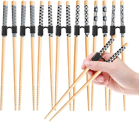 7 Pairs Reusable Training Chopsticks Helpers for Kids Adult Trainer Beginner Learner, Japanese Bamboo Chopsticks and Non-Slip Connector Set, Dishwasher Safe, L8.86Inch (3.Glaze print)