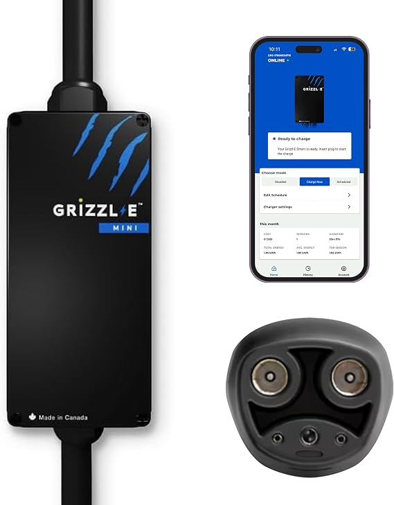 Grizzl-E Mini Connect Level 1-2 Portable Electric Vehicle EV Charger up to 40 Amp, UL Certified, IndoorOutdoor Electric Car Fast Charging Station, NEMA 14-50 Plug, 25 feet Cable, NACS Connector