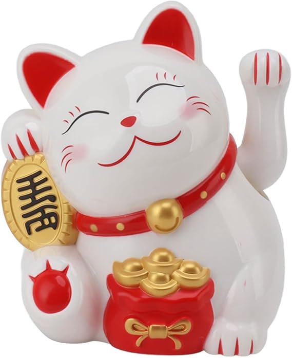 5.5inch Fortune Cat, Battery Operated Japanese Lucky Cat with Waving Arm Chinese Feng Shui Deoration Maneki Neko for Fortune Money and Good Luck, for Shop, Restaurant, Living (White)