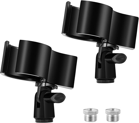 BILIONE 2pcs Versatile Microphone Clip, Adjustable Mic Holder for Microphones with Outer Diameter Range 1.26" from 2.3", with 5/8" Male to 3/8" Female Screw Adapter(Black)