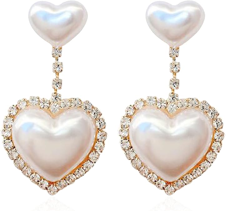 Rhinestone Heart Drop Earrings for Women Dangling Pearl Heart Dangle Earrings for Women Valentines Day Jewelry (White)