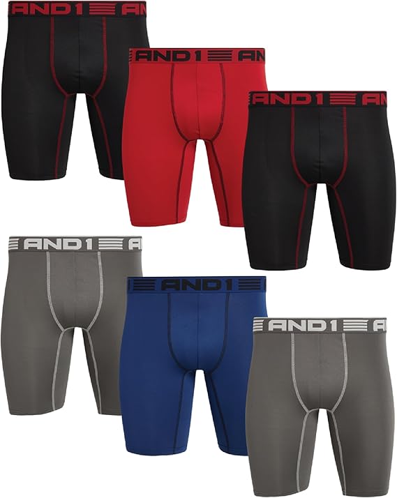 AND1 Mens Athletic Performance Long Leg Boxer Briefs with No Fly, 9" Inseam