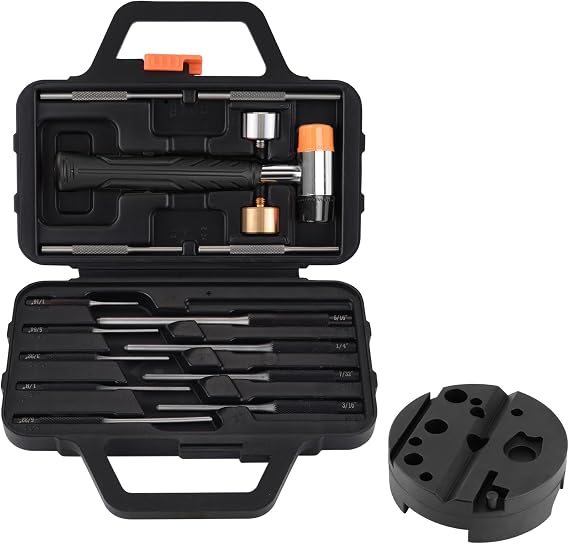 Pridefend Punch Set, Punch Set In Storage Case,Made of Solid Material,Roll Pin Punch Set with 4 Interchangeable Hammer Heads (With Bench Block)