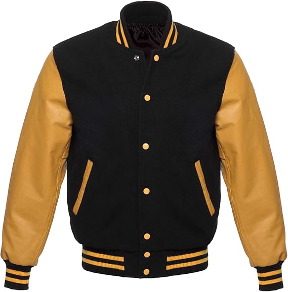 Mens Black & Yellow Varsity Jacket - High School College Letterman Baseball Bomber Jackets Wool + Faux Leather