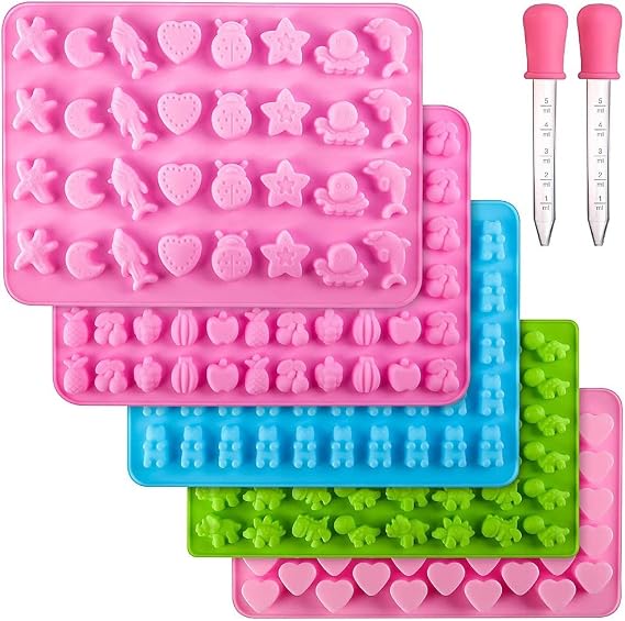 5Pcs Silicone Gummy Candy Molds, Mix Mini Jelly Trays Mold with 2 Dropper | Fruit Chocolate Bear Weed Heart Shape Candy Moulds Maker Set for Ice Soap Wax Baking DIY Tool