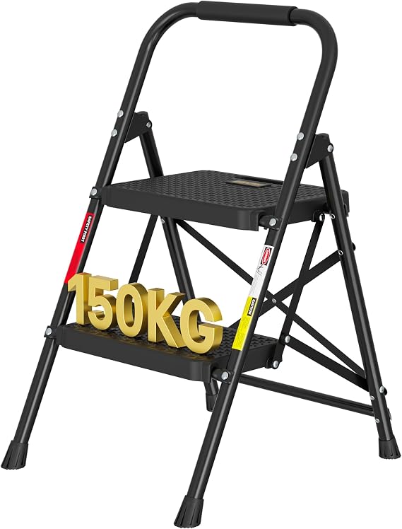 BONTEC 2 Step Ladder, Folding Steel Stool with Wide Anti-Slip Pedals, 150kg