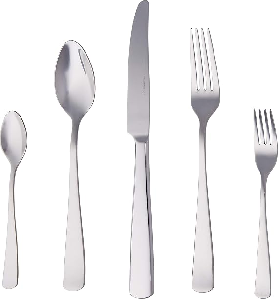Amazon Basics Cutlery Set, Stainless Steel with Square Edge Handle, 20-Piece Service for 4, Silver, for Daily Dining and Entertaining