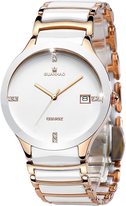 GUANHAO Ceramic Men Watches, Black White Dial, Dress Quartz Calendar Wristwatches for Men, Ceramic Band Watches for Men