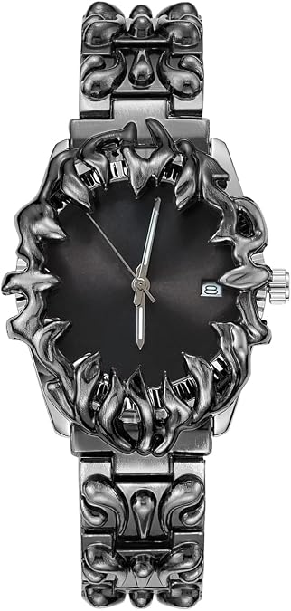 PINTIME Gothic Flame Style Mens Watch - Black Stainless Steel Engraved Bracelet Watch, Waterproof Quartz Analog Wristwatch with Date Display