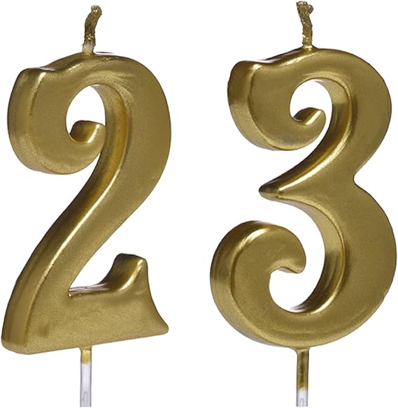 Bailym Gold 23rd Birthday Candles, Number 23 Cake Topper for Birthday Decorations