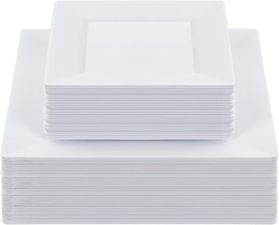 Goodluck 60 Pack White Square Disposable Plastic Plates | Heavy Duty Dinner & Dessert Plates (30x 9.5" + 30x 6.5") for Wedding, Holiday & Party