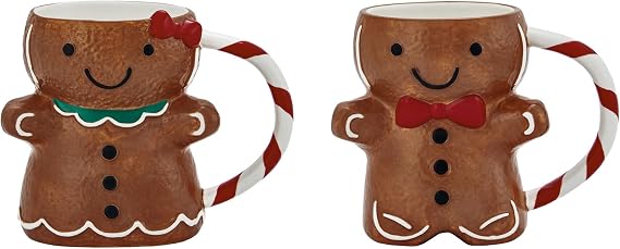 Bico Gingerbread Man Hand Painted Stoneware Mugs Set, for Coffee, Tea, Hot Chocolate, Water, Microwave & Dishwasher Safe