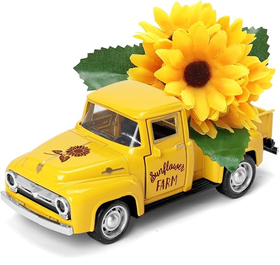 Huray Rayho Sunflower Metal Truck with Artificial Plastic Flower Yellow | Vintage Farm Pickup Farmhouse Tabletop Tiered Tray Decor Home Kitchen Mantel Shelf Spring Mini Diecast Truck Decorations