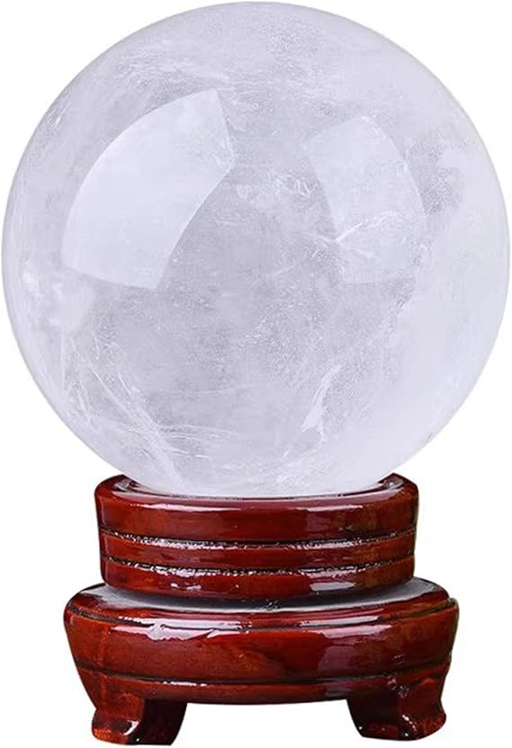 Natural Clear Quartz Crystal Ball,White Crystal Sphere Healing Crystal Ball Feng Shui Glass Sphere Crystals Ball Meditation with Wooden Stand Home Decoration Ornaments Crafts,110mm