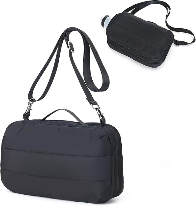 Herald Small Puffer Crossbody Bag with Water Bottle Holder, Shoulder Purse Handbag for Women Men for Walking, Hiking (Black)