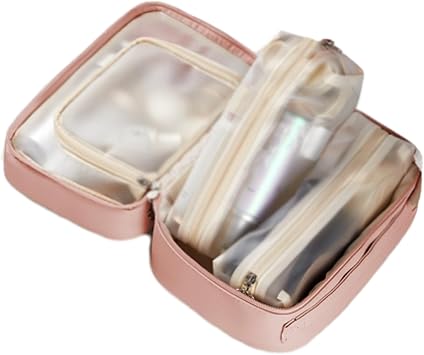 Travel Toiletry Bag Organizers, Multi Compartment Toiletry Cosmetics Bag, Large Opening & PU Leather (Pink)