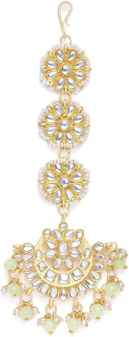 I Jewels Gold Plated Matte Finish Indian Wedding Bollywood Pearls Kundan Studded Maang Tikka for Women (T2911)