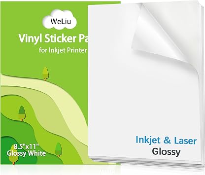 Printable Vinyl Sticker Paper for Inkjet and Laser Printer - Glossy White Waterproof Decal Paper - 21 Sheets 8.5"x11" for Custom Stickers, Personalized Labels, Water Bottle Use - Quick Dry